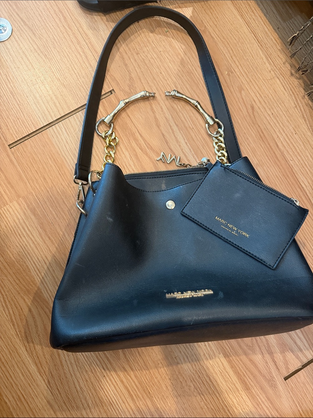 Marc Jacobs Black Leather Shoulder Bag with Gold Chain Accents